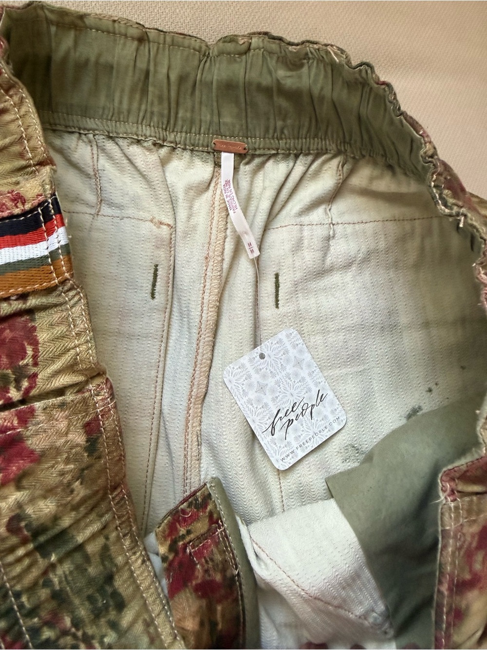 Free People Olive and Pink Floral Cargo Shorts with Side Stripe - Picture 4 of 5
